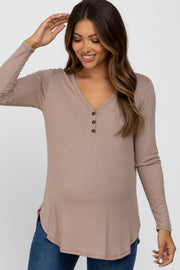 Mocha Button Accent Long Sleeve Maternity Top