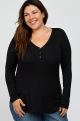 Black Button Accent Long Sleeve Maternity Plus Top