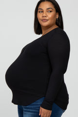 Black Button Accent Long Sleeve Maternity Plus Top