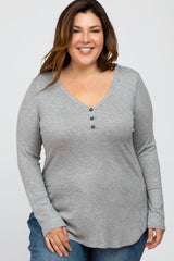 Heather Grey Button Accent Long Sleeve Plus Top