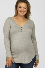 Heather Grey Button Accent Long Sleeve Maternity Plus Top