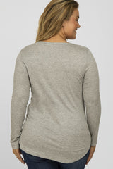 Heather Grey Button Accent Long Sleeve Maternity Plus Top