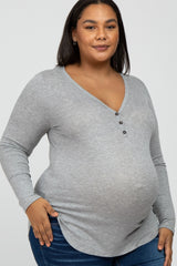 Heather Grey Button Accent Long Sleeve Maternity Plus Top