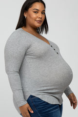 Heather Grey Button Accent Long Sleeve Maternity Plus Top