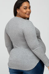 Heather Grey Button Accent Long Sleeve Maternity Plus Top