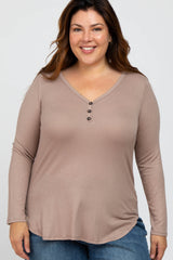 Mocha Button Accent Long Sleeve Plus Top