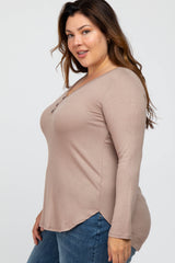 Mocha Button Accent Long Sleeve Plus Top