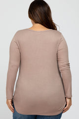 Mocha Button Accent Long Sleeve Plus Top