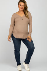 Mocha Button Accent Long Sleeve Maternity Plus Top