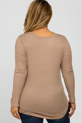 Mocha Button Accent Long Sleeve Maternity Plus Top