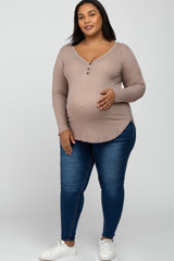 Mocha Button Accent Long Sleeve Maternity Plus Top