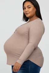 Mocha Button Accent Long Sleeve Maternity Plus Top