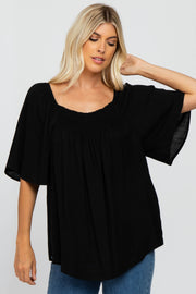 Black Linen Smocked Short Sleeve Top