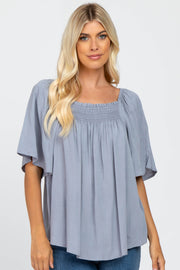 Grey Linen Smocked Short Sleeve Top