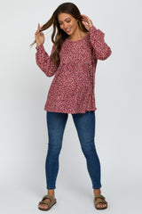 Mauve Leopard Print Long Sleeve Maternity Babydoll Top