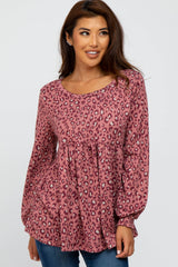 Mauve Leopard Print Long Sleeve Maternity Babydoll Top