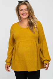 Yellow Textured Knit Babydoll Long Sleeve Maternity Plus Top