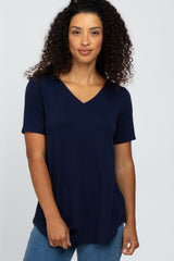 Navy Blue V-Neck Maternity Short Sleeve Round Hem Top