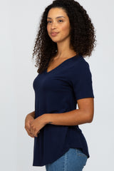 Navy Blue V-Neck Short Sleeve Round Hem Top