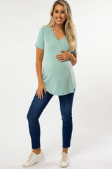 Mint Green V-Neck Maternity Short Sleeve Round Hem Top