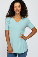 Mint Green V-Neck Maternity Short Sleeve Round Hem Top