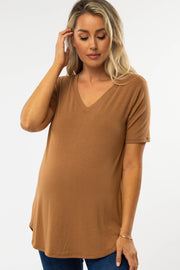 Camel V-Neck Maternity Short Sleeve Round Hem Top