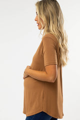 Camel V-Neck Maternity Short Sleeve Round Hem Top