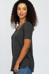 Charcoal V-Neck Short Sleeve Round Hem Top