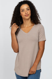 Mocha V-Neck Short Sleeve Round Hem Top