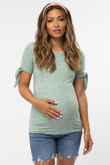 Mint Green Floral Ribbed Tie Accent Maternity Top