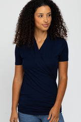 Navy Blue Solid Short Sleeve Wrap Front Maternity/Nursing Top