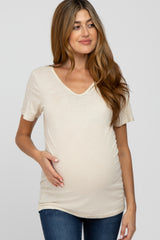 Beige V-Neck Maternity T Shirt