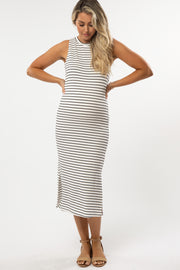 White Striped Side Slit Fitted Maternity Midi Dress