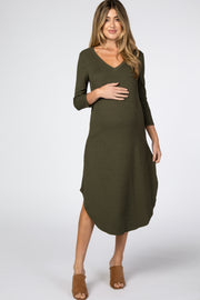 Olive Ribbed Curved Hem Maternity Midi Dress