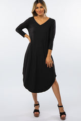 Black Ribbed Curved Hem Midi Dress