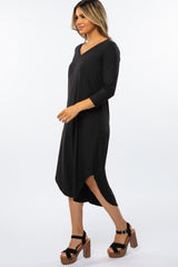 Black Ribbed Curved Hem Midi Dress