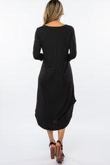 Black Ribbed Curved Hem Midi Dress