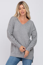 Grey V-Neck Side Slit Sweater