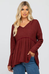 Rust Waffle Knit Hooded Peplum Top