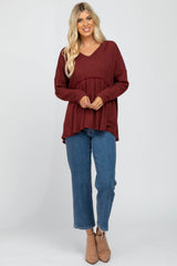 Rust Waffle Knit Hooded Peplum Top