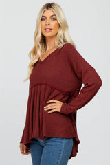 Rust Waffle Knit Hooded Peplum Top