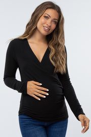 Black Brushed Knit Wrap Front Maternity Top