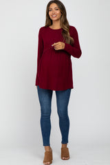 Burgundy Soft Brushed Long Sleeve Maternity Babydoll Top