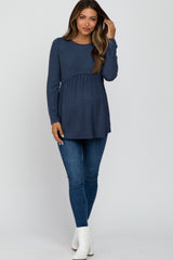 Navy Soft Brushed Long Sleeve Maternity Babydoll Top