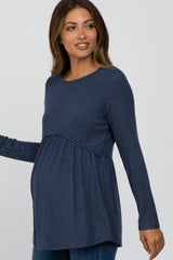 Navy Soft Brushed Long Sleeve Maternity Babydoll Top