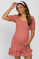 Red Gingham Smocked Maternity Mini Dress