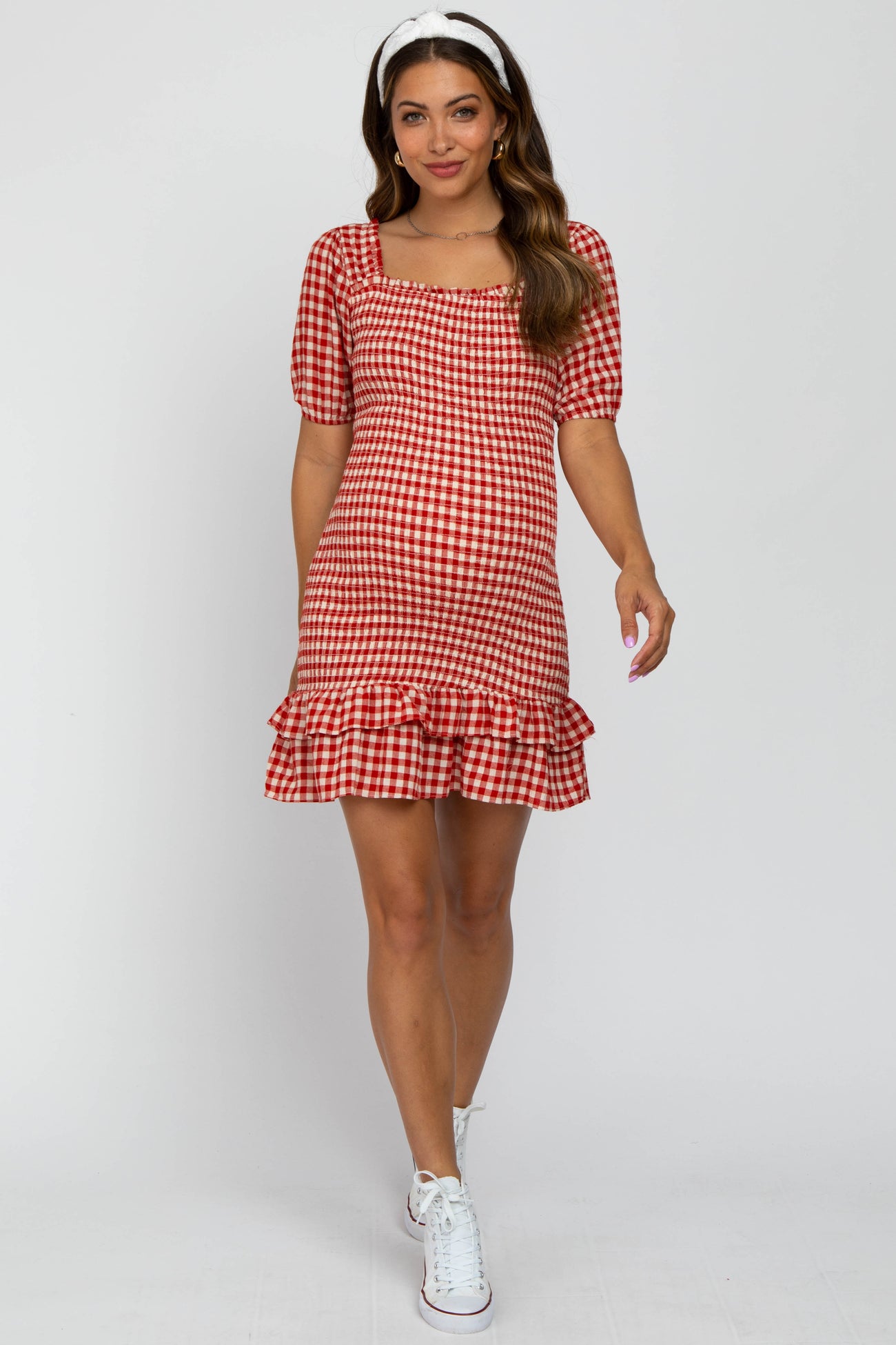 Red Gingham Smocked Maternity Mini Dress– PinkBlush