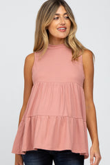 Mauve Ribbed Mock Neck Tiered Maternity Top