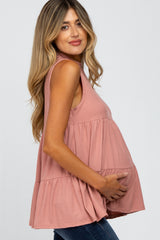 Mauve Ribbed Mock Neck Tiered Maternity Top