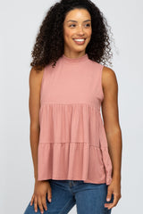 Mauve Ribbed Mock Neck Tiered Maternity Top